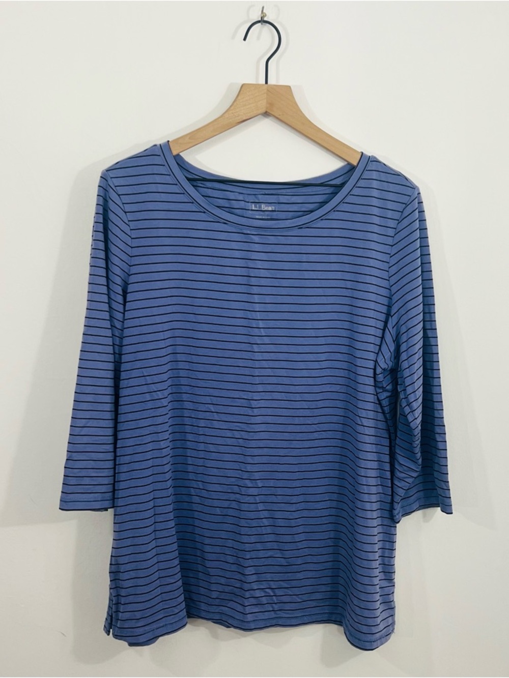 L.L. Bean Purpleish Blue Black Striped Pullover 3/4 Sleeve Scoop Neck Size XL